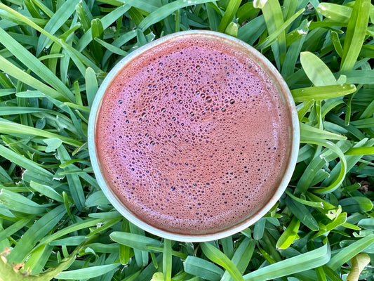 Taza de cacao ceremonial vista desde arriba sobre pasto, en conexión con la tierra
