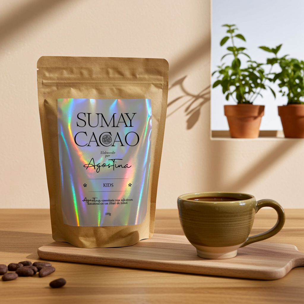 Bolsa de Cacao Kids de Sumay Cacao sobre mesa de madera con taza de cacao y plantas al fondo, estilo cálido y familiar.
