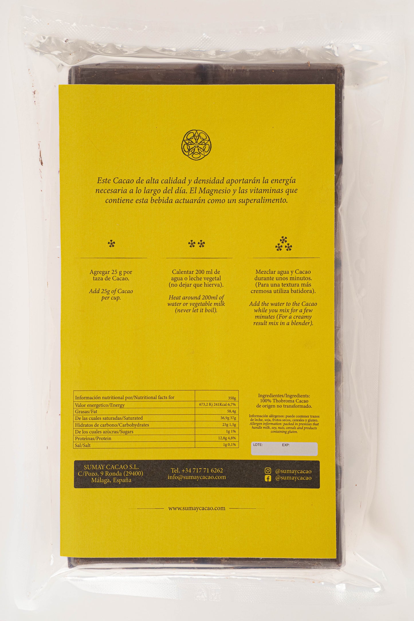 Bloque de cacao – vista trasera del empaque