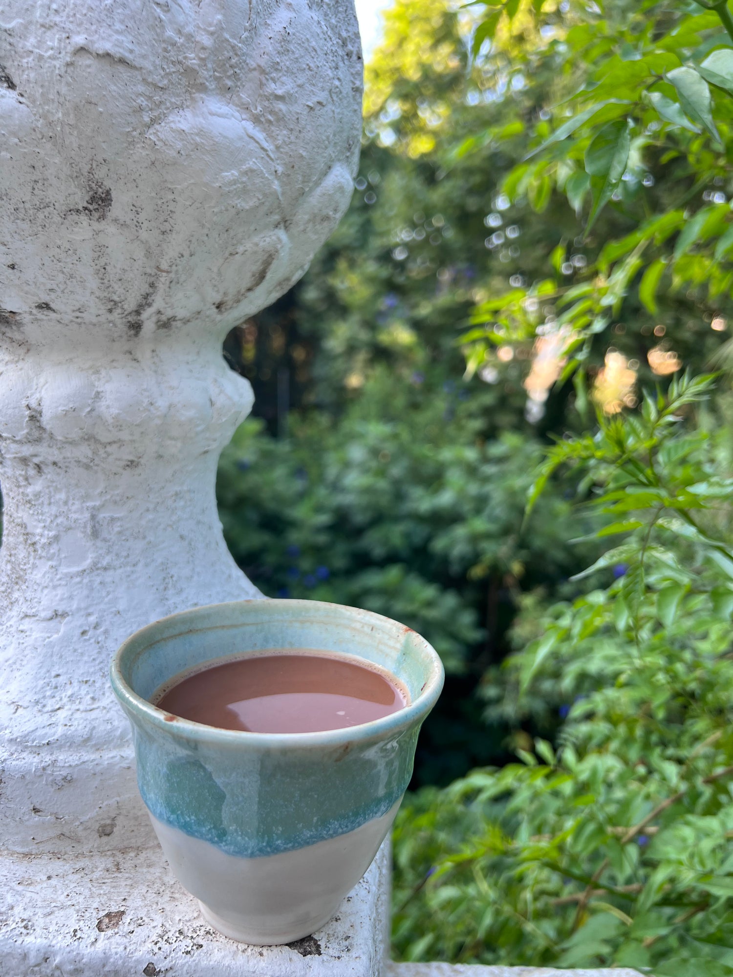 Taza de Cacao Ceremonial con fondo verde de naturaleza