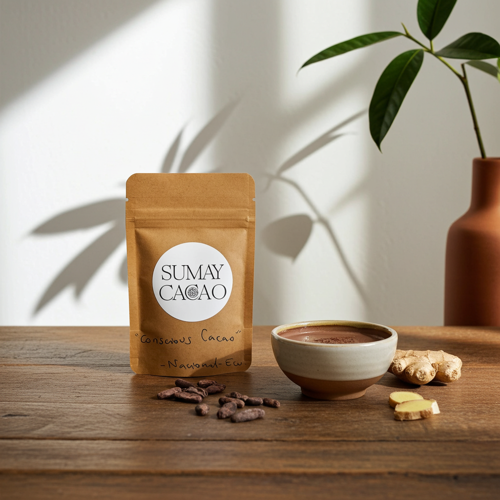 Sobre de cacao ceremonial Sumay Cacao 25 g sobre mesa de madera, con taza de cacao y raíces de jengibre, iluminado con luz natural y sombras de hojas.