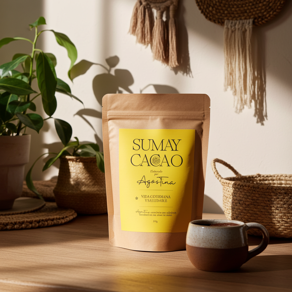 Bolsa de Pasta de Cacao Vida Cotidiana 350 g de Sumay Cacao junto a una taza, en un ambiente natural con luz cálida y detalles artesanales.