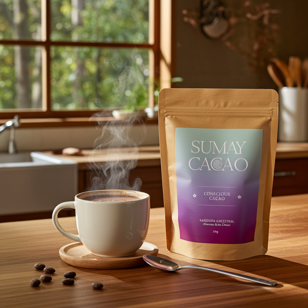 Paquete de Conscious cacao de Sumay en una cocina junto a una taza con cacao humeante y luz natural que entra por una ventana.
