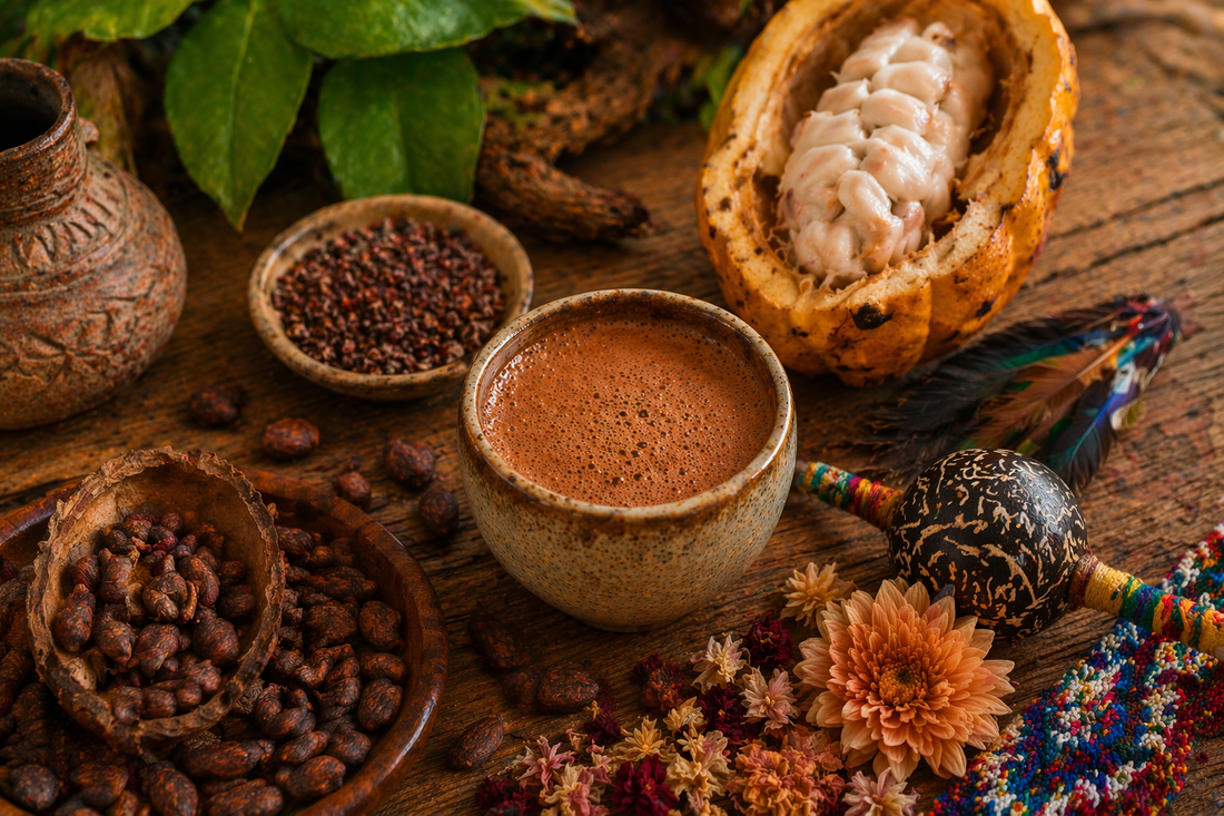Cacao ceremonial en taza con granos de cacao y fruto abierto sobre mesa de madera, mostrando el cacao en su forma pura y natural
