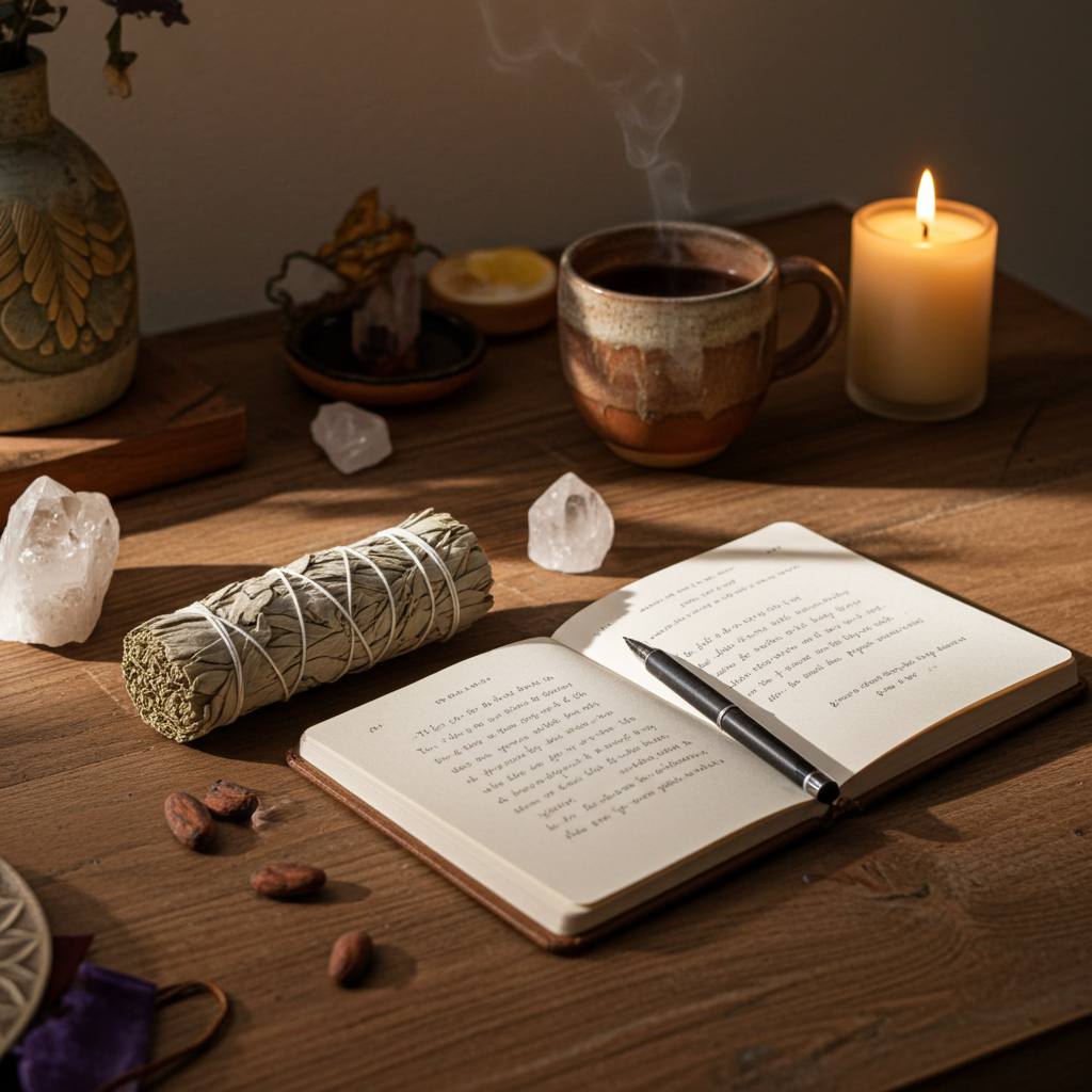Taza de cacao ceremonial humeante con una vela encendida al fondo sobre mesa de madera, en un ambiente cálido y ritual.