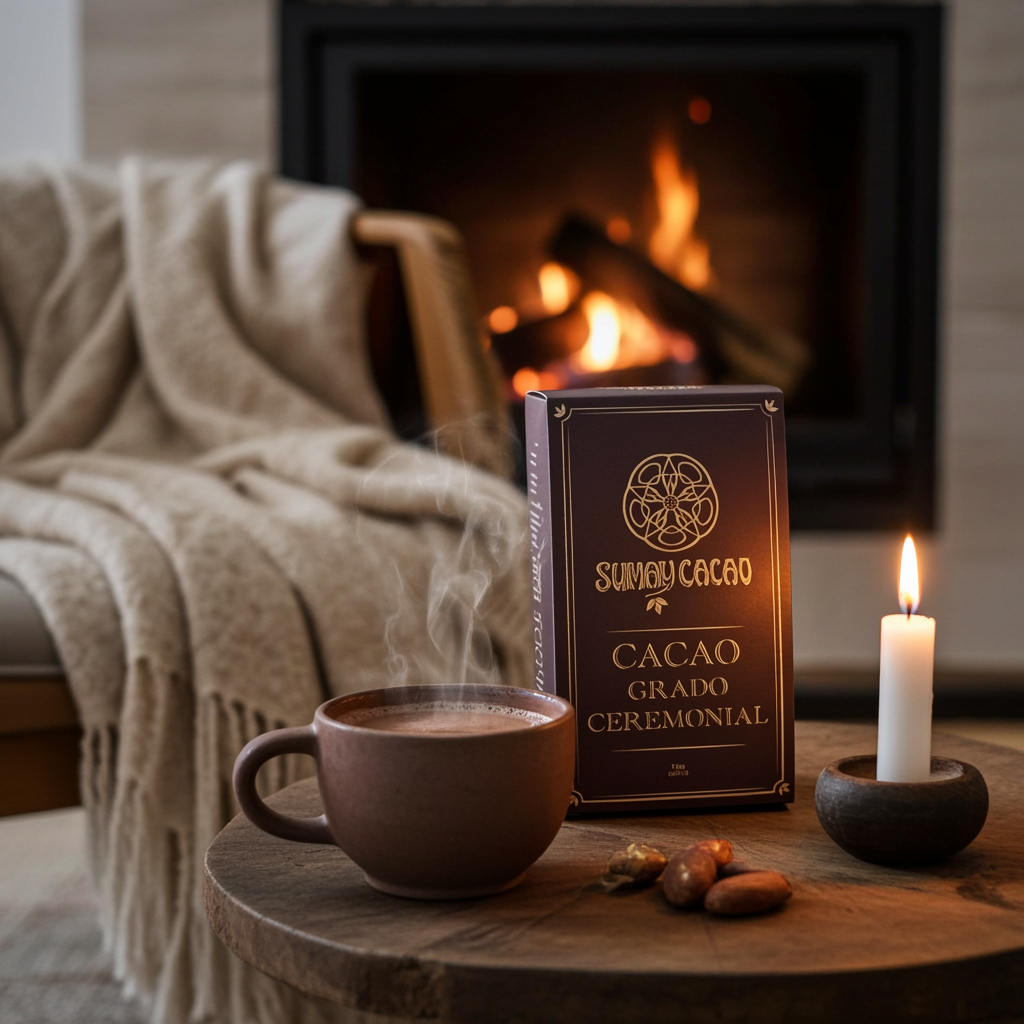Cacao ceremonial Sumay junto a una taza caliente, una vela encendida y una chimenea de fondo, creando un ambiente cálido y ritual perfecto para el bienestar y la conexión.