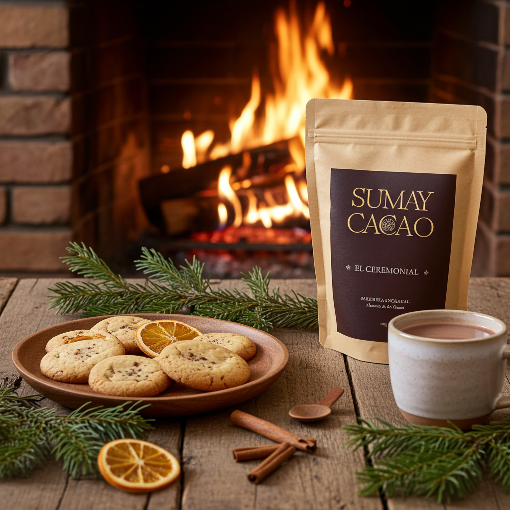 Galletas navideñas con cacao ceremonial Sumay Cacao, naranja y canela, servidas frente a una chimenea encendida en un ambiente cálido y acogedor.