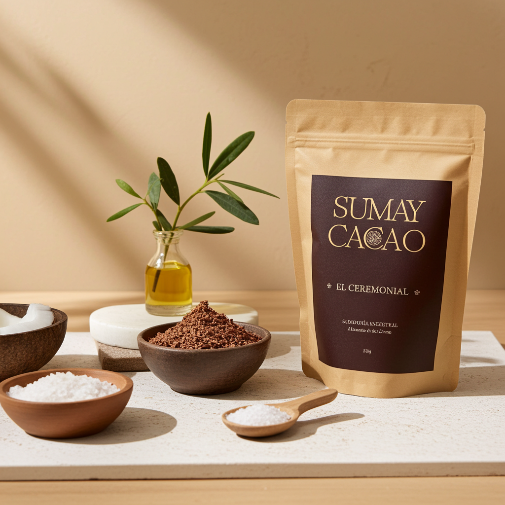 Ingredientes naturales para exfoliante casero con cacao ceremonial: cacao rallado, aceite de oliva, aceite de coco y sal marina, junto a la bolsa de Sumay Cacao.