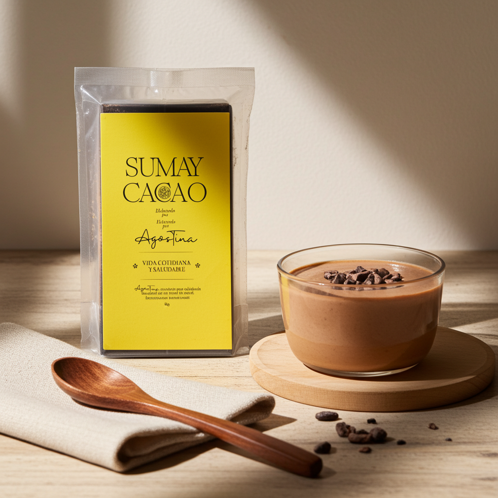 Mousse de cacao ceremonial preparada con Vida Cotidiana de Sumay Cacao, acompañada del bloque de cacao puro sobre una mesa artesanal.