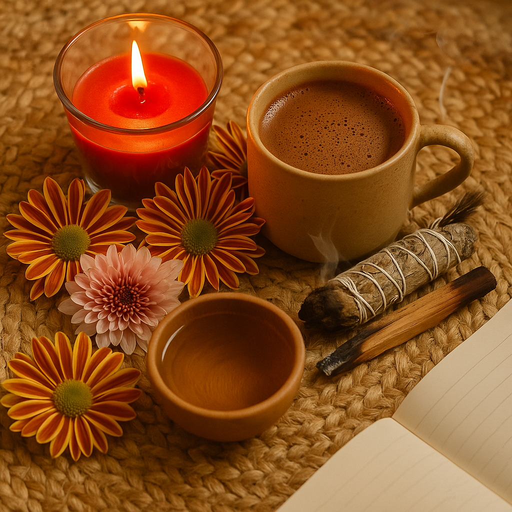 Altar ancestros, taza de cacao ceremonial, vela, flores, agua y salvia con palo santo.