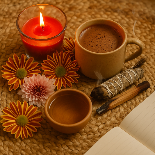 Altar ancestros, taza de cacao ceremonial, vela, flores, agua y salvia con palo santo.