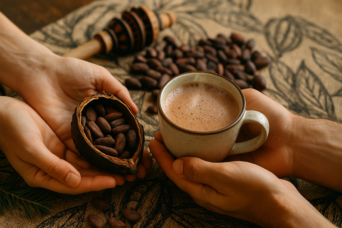 Taza de cacao ceremonial y semillas de cacao en manos sobre mesa de madera natural, conexión entre origen y ritual