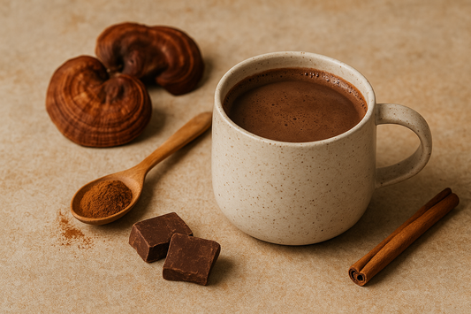 Taza de cacao con canela y reishi sobre fondo beige