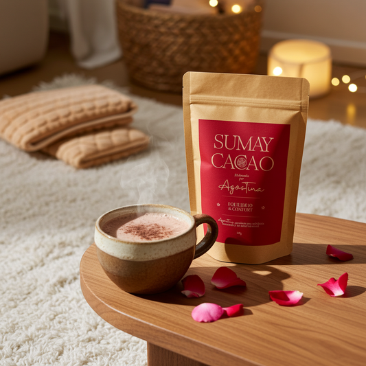 Bolsa de cacao ceremonial Equilibrio & Confort junto a una taza humeante y pétalos de rosa, en un ambiente cálido y acogedor para el bienestar femenino.