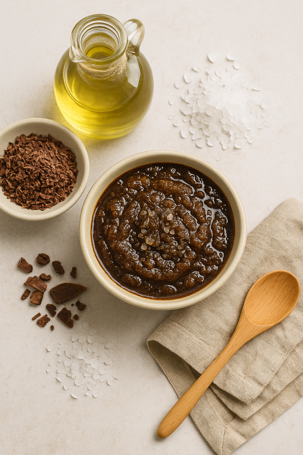 Exfoliante natural con sal, aceite y cacao sobre mesada fondo claro