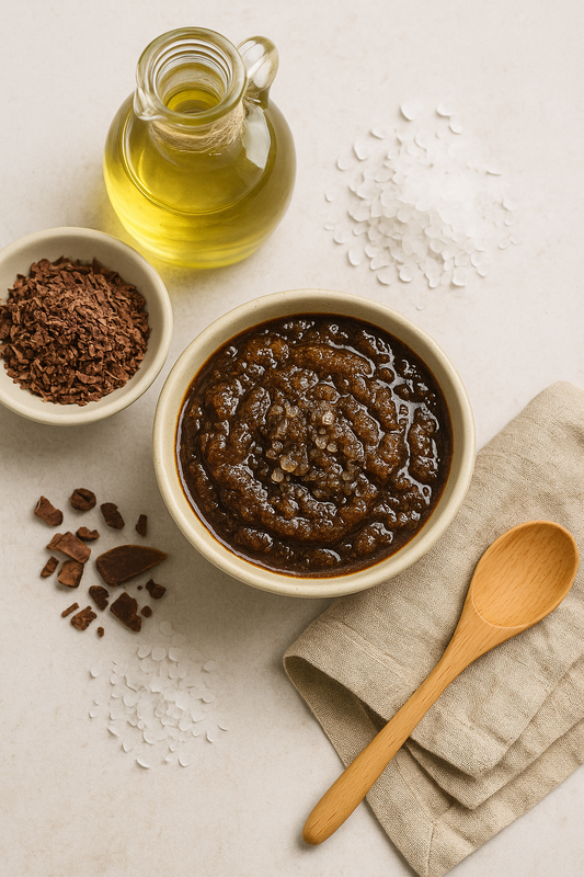 Exfoliante natural con sal, aceite y cacao sobre mesada fondo claro