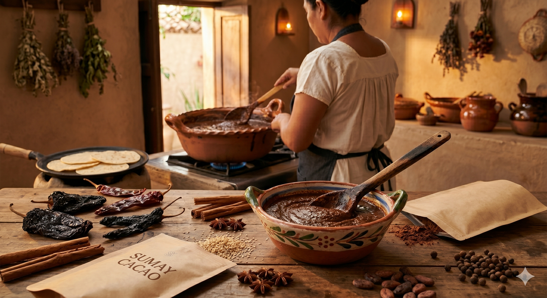 Mujer cocinando una receta con cacao ceremonial Sumay, escenario de cocina rústica estilo mexicana