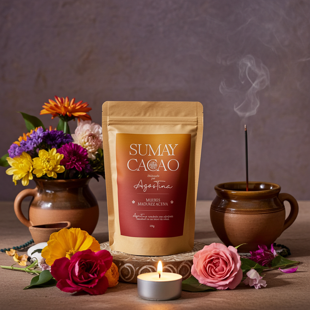Bolsa de cacao ceremonial Madurez Activa de Sumay Cacao en un altar con flores, vela e incienso, rodeada de colores cálidos y ambiente de auto cuidado.