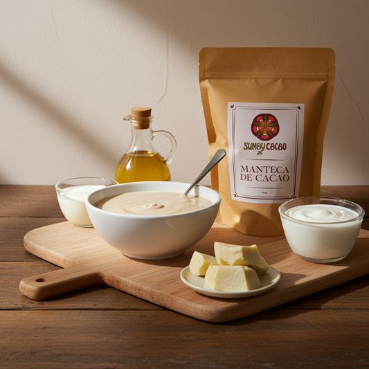 Ingredientes y mezcla final de una mascarilla nutritiva para el cabello hecha con manteca de cacao, yogur y aceite, en una escena cálida y natural.