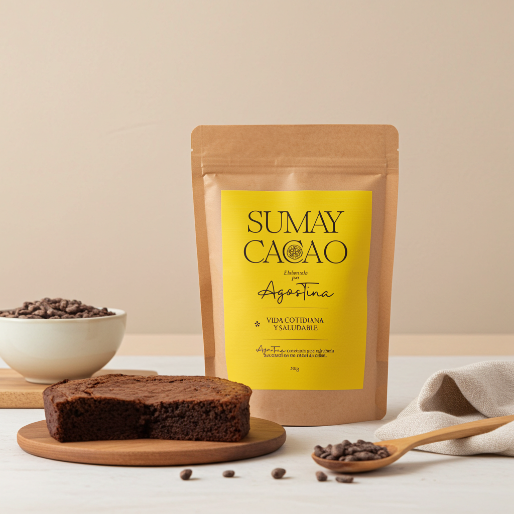 Bolsa de cacao ceremonial Vida Cotidiana de Sumay Cacao junto a un brownie casero de cacao sobre una mesa clara, escena cálida y artesanal.