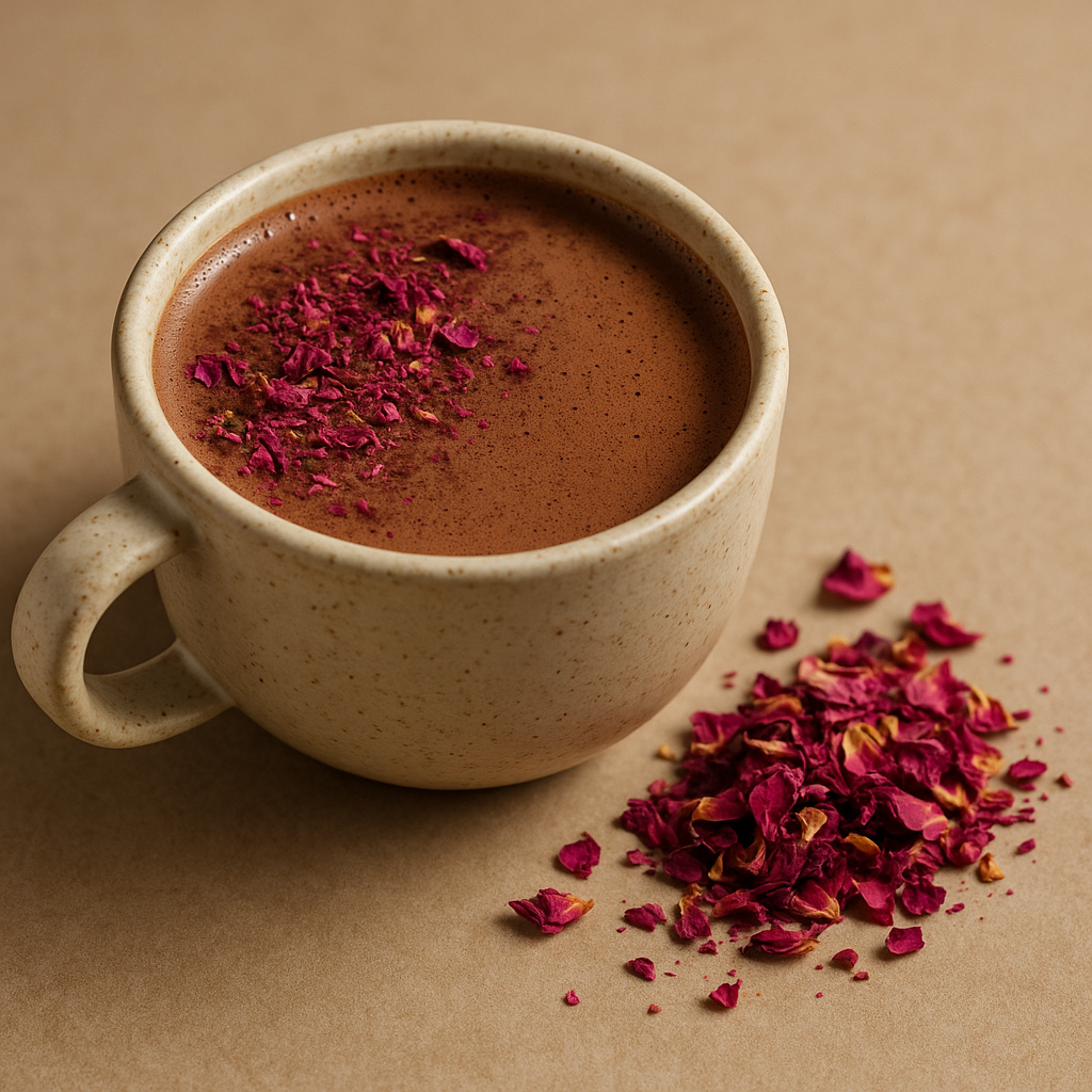 Taza de cacao ceremonial con pétalos de rosa sobre mesa beige