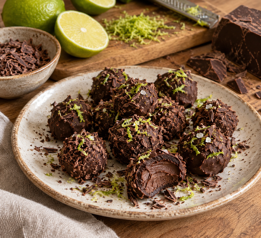 Trufas caseras de cacao puro con virutas de cacao rallado y ralladura fresca de lima, sobre un plato de cerámica.