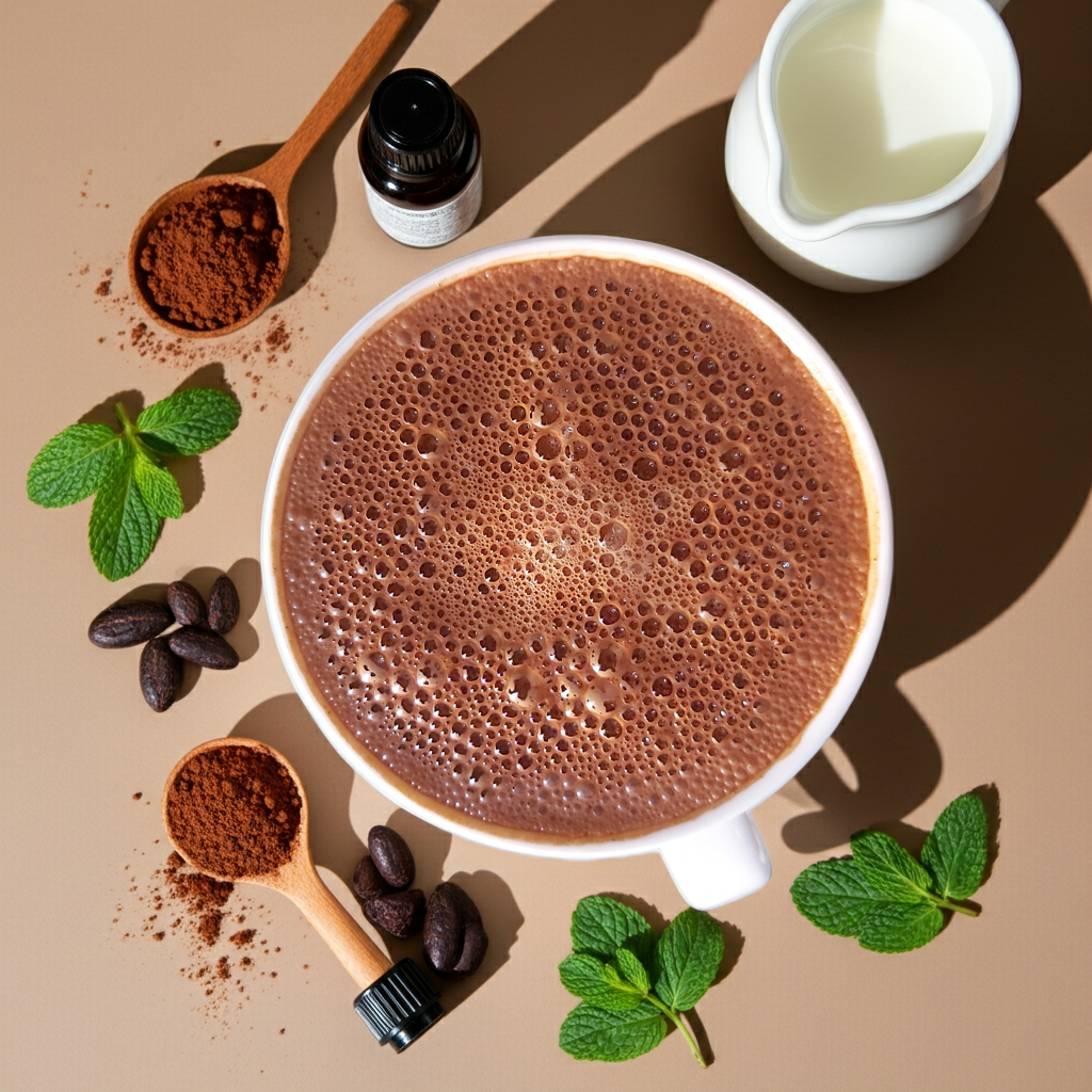 Taza de cacao caliente vista desde arriba, rodeada de cacao en polvo, habas de cacao, hojas de menta fresca, miel y esencia aromática sobre fondo beige, en un estilo natural y luminoso.