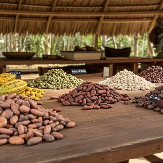Distintas variedades de semillas de cacao clasificadas en montículos sobre una mesa rústica, mostrando diferencias naturales de color y forma.