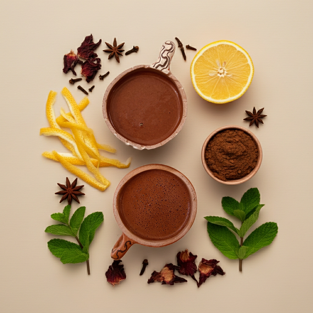 Tazas de cacao caliente junto a hibisco seco, tiras de cáscara de limón, clavo, anís estrellado, hierbabuena fresca y cacao en polvo sobre fondo beige.