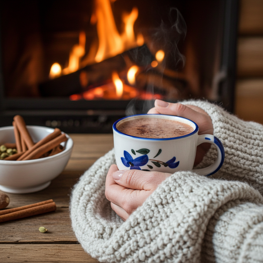 Taza de cacao latte caliente con especias de invierno, canela y cardamomo, sobre mesa de madera con manta tejida al fondo. Bebida reconfortante ideal para los meses fríos.