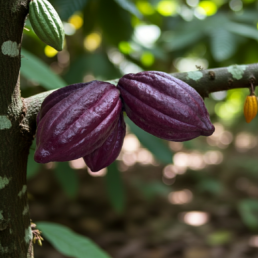 Vainas de cacao maduro en el árbol, mostrando su color natural y textura, símbolo del cacao ancestral y su proceso artesanal.