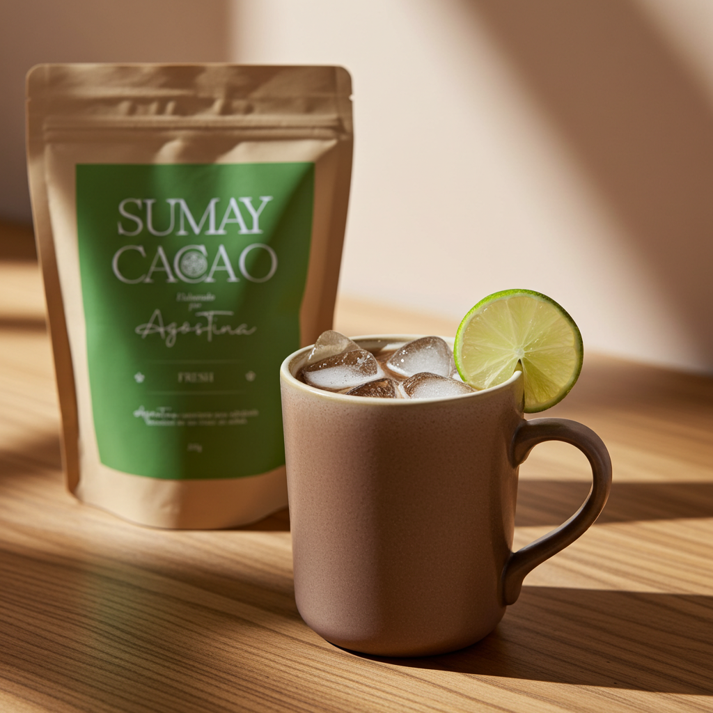 Taza de cacao ceremonial frío con hielo y rodaja de lima, junto al paquete Fresh de Sumay Cacao, en una mesa iluminada por luz natural.