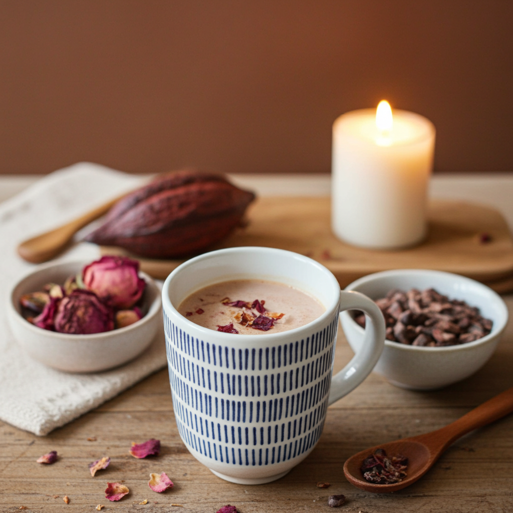 Taza de cacao ceremonial adornado con pétalos de rosa, acompañada de cuencos con rosas secas y nibs de cacao sobre mesa de madera con luz cálida.