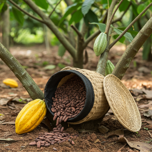Granos de cacao fresco bajo el árbol en una finca de origen, representando la conexión con la tierra y el cultivo ancestral del cacao.