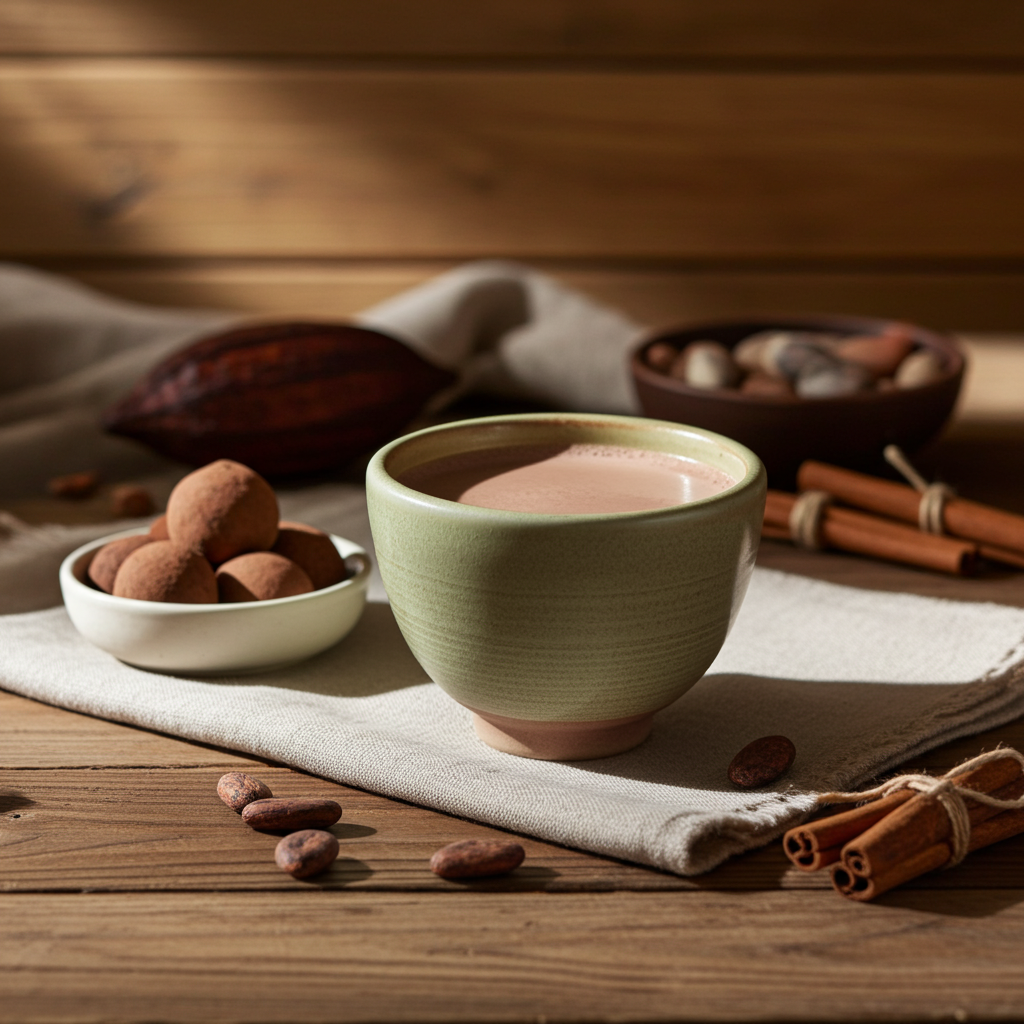 Taza artesanal de cacao caliente acompañada de trufas de cacao caseras sobre una mesa de madera, con luz natural cálida y elementos naturales alrededor.