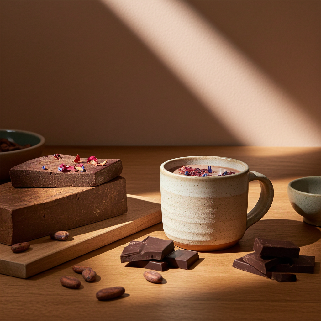 Taza de cacao ceremonial junto a un bloque de cacao puro y trozos de chocolate sobre mesa de madera con luz cálida.