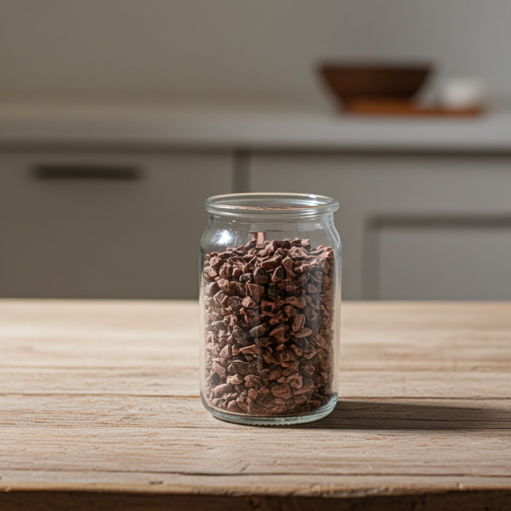 Tarro de cristal con cacao ceremonial picado sobre una mesa de madera, presentado de forma sobria y consciente.