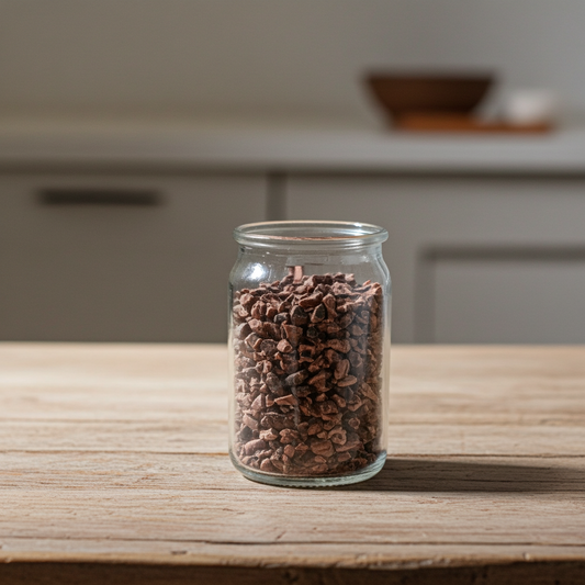 Tarro de cristal con cacao ceremonial picado sobre una mesa de madera, presentado de forma sobria y consciente.