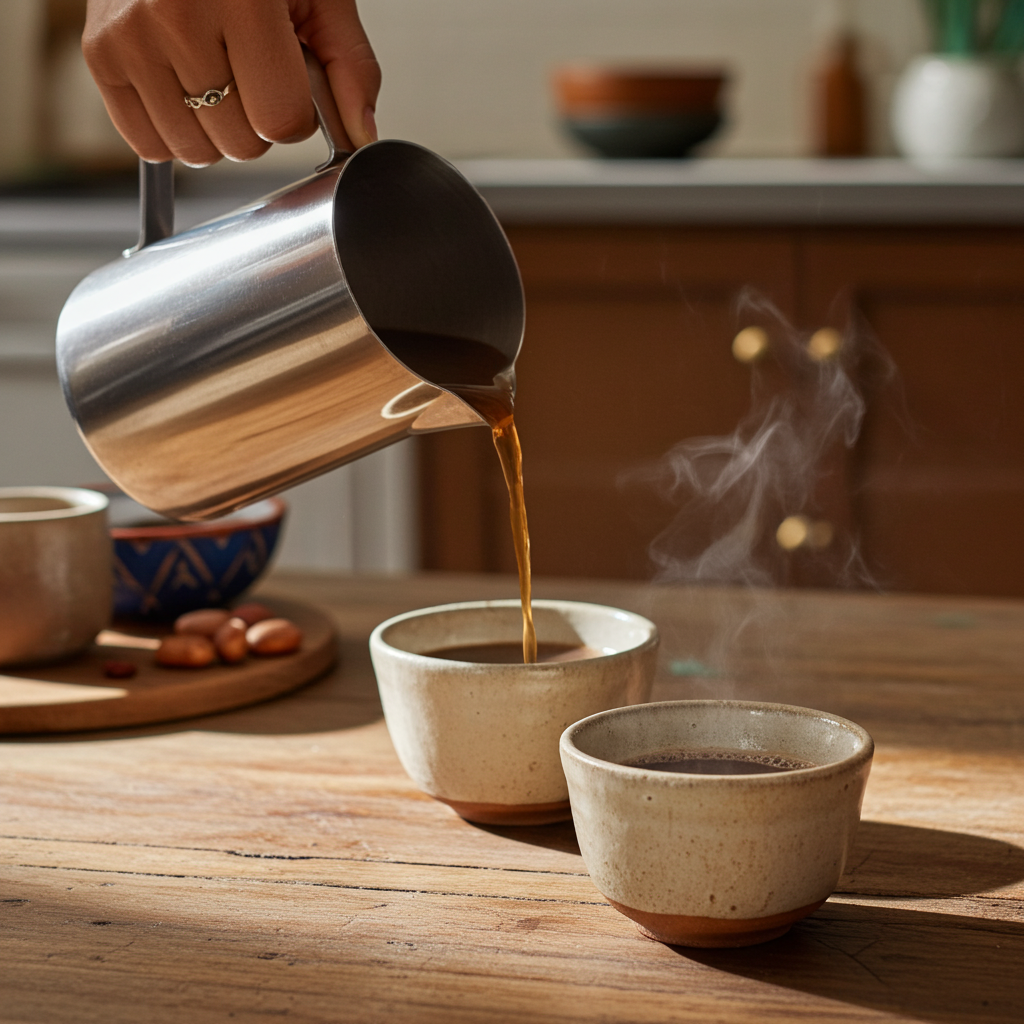 Manos vertiendo cacao ceremonial caliente desde una jarra metálica hacia un cuenco artesanal, mientras otro cuenco lleno desprende vapor sobre una mesa de madera iluminada suavemente.