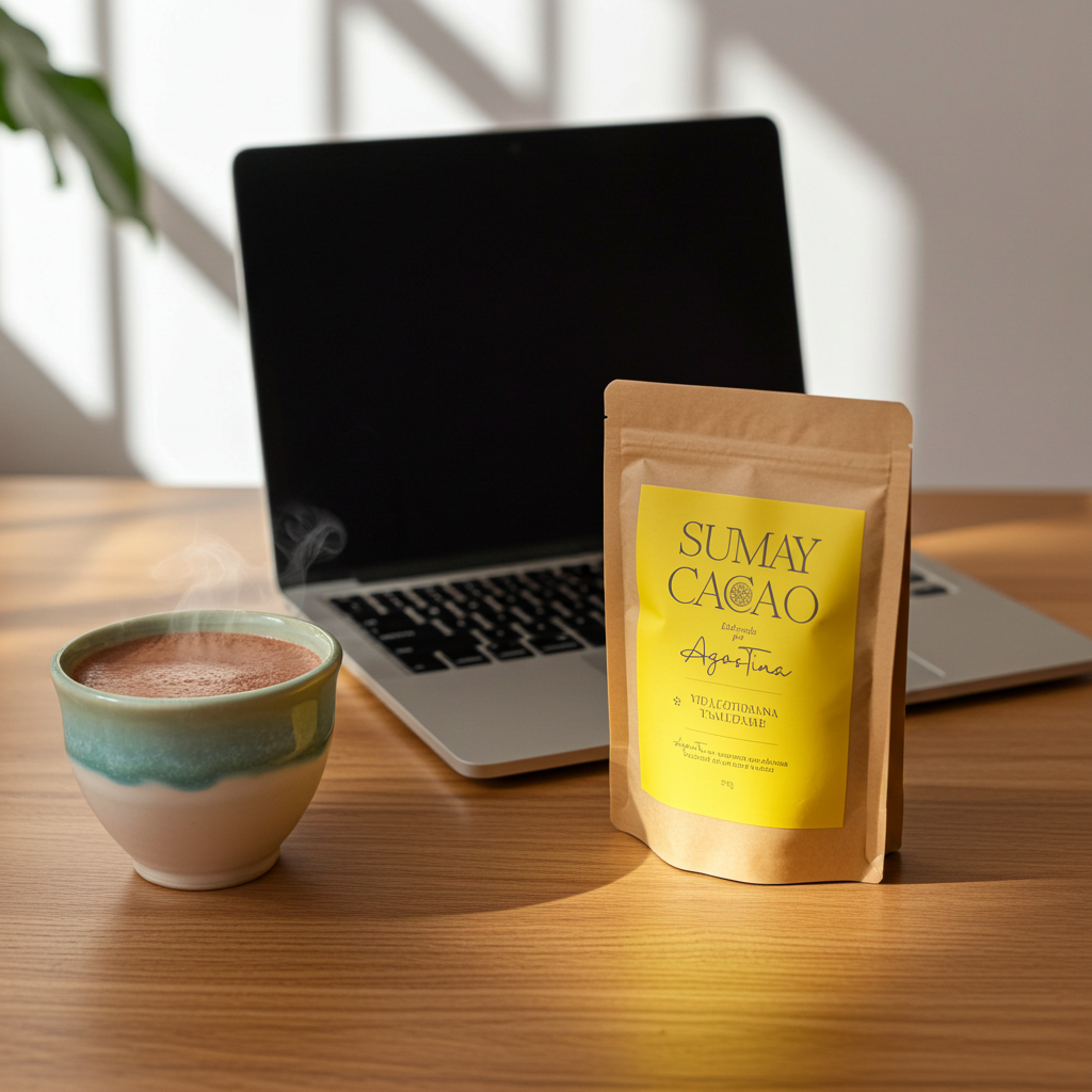 Bolsa de cacao Vida Cotidiana de Sumay Cacao junto a una taza humeante y un portátil sobre una mesa iluminada; escena que representa energía natural para trabajar con claridad y enfoque.