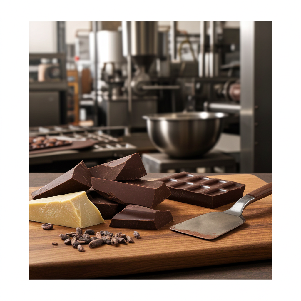 Trozos de manteca de cacao pura sobre una tabla de trabajo artesanal, acompañados de cacao y utensilios de chocolatería, en un obrador cálido y realista