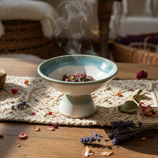 Copalera artesanal de cerámica blanca y verde sahumando hierbas, con humo elevándose y un círculo de flores amarillas y romero sobre mesa de madera, escena ritual cálida y natural.