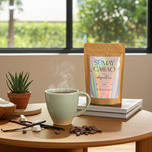 Cacao Kids de Sumay Cacao servido en una taza caliente junto al paquete holográfico, con luz natural y ambiente familiar en una mesa de madera.