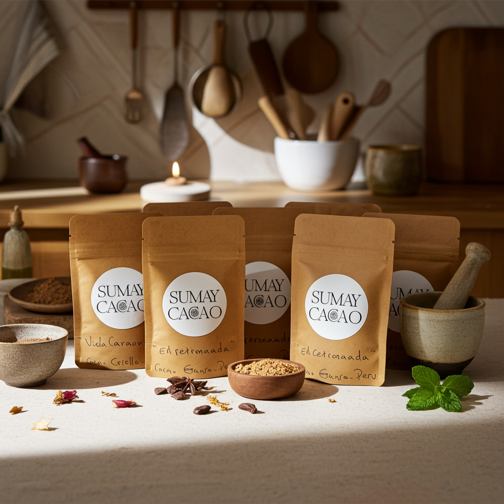 Sobres de cacao ceremonial Sumay en formato degustación de 25 g con cacao visible preparados para un ritual íntimo