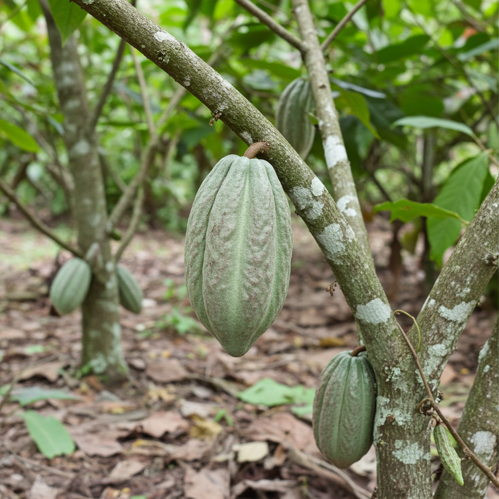 Mazorcas de cacao creciendo en un cultivo sostenible con suelo vivo y biodiversidad