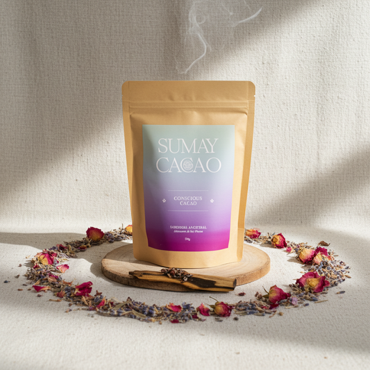 Bolsa de Conscious Cacao de Sumay colocada sobre una base de piedra, rodeada de un círculo de flores y hierbas secas, iluminada por luz natural en un ambiente ceremonial