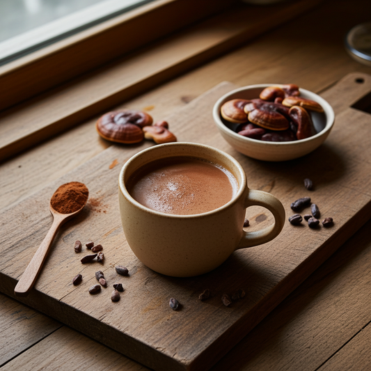 Taza de cacao ceremonial caliente con reishi deshidratado, cacao en polvo y nibs, sobre fondo natural de madera en estilo cálido y minimalista.