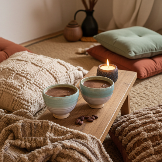 Dos tazas de cacao ceremonial compartidas en un espacio íntimo y acogedor