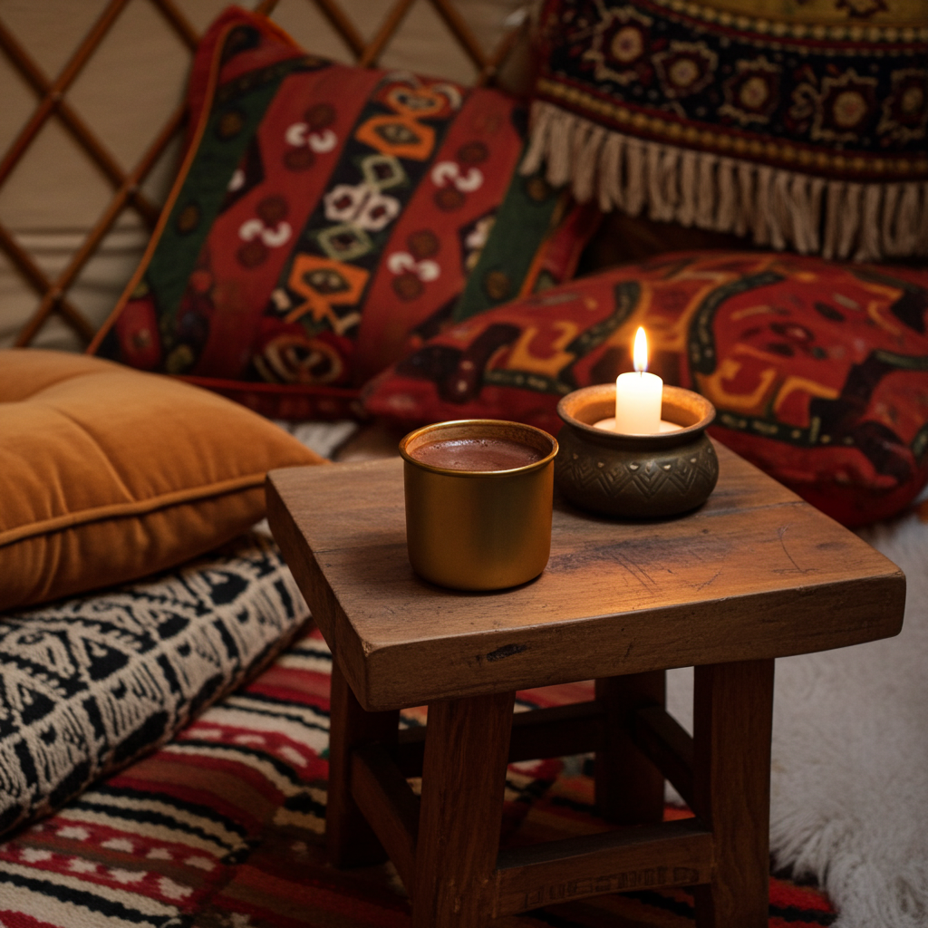 Taza de cacao ceremonial caliente junto a una vela encendida sobre una mesa de madera, rodeada de cojines y textiles cálidos en un ambiente íntimo y ritual.