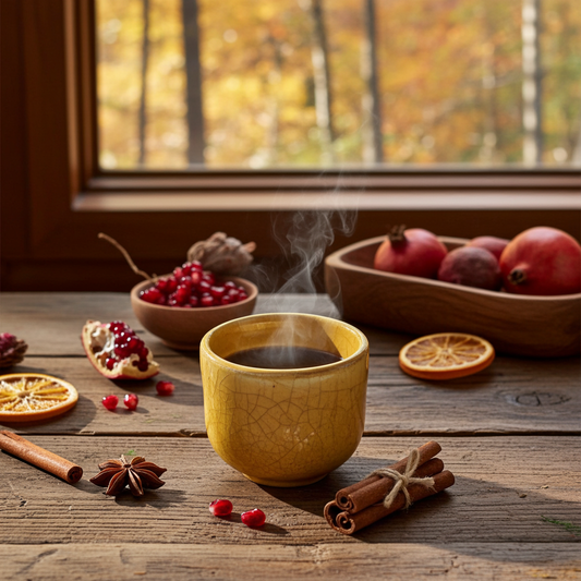 Taza de cacao caliente con canela, naranja y granada sobre mesa de madera, con ambiente otoñal al fondo
